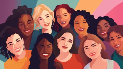Group of diverse woman with different cultures smiling and together. Unity, solidarity, inclusion, gender equality concepts. International Woman's Day. Celebration. Flat Design.