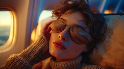 Young woman relaxing by airplane window - obrazy, fototapety, plakaty