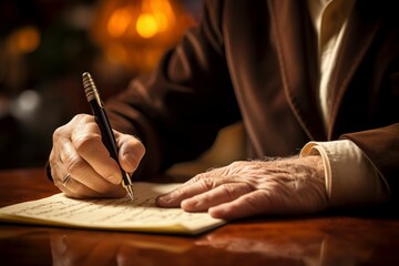 Intimate Closeup photo of writing man. Hand recording information in diary notepad. Generate ai