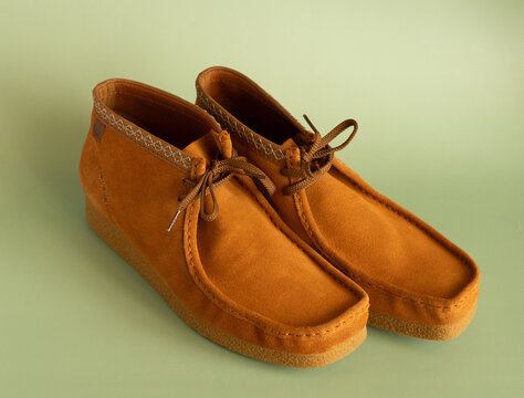 moscow russia 08 06 2023. stylish men's suede boots Clarks Wallabee..