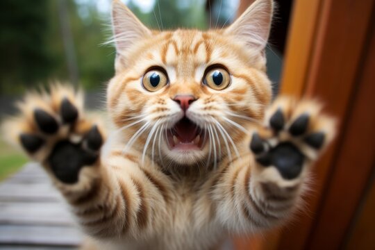Funny cat photo saying no to camera with paws