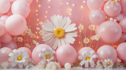 Kids birthday. Children's birthday decorations. Lots of pink balloons and decorations 