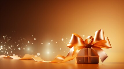 Golden gift box with ribbon. Happy birthday, Christmas, anniversary, celebration concepts.