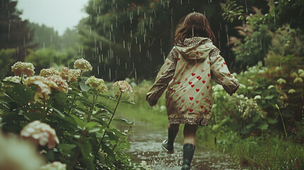 雨の中をルンルンと進む少女／Generative AI
