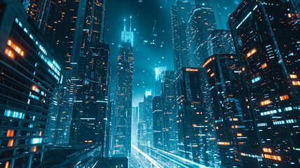 Neon-lit skyscrapers in a futuristic city with dynamic light trails and a sci-fi atmosphere at night.
 - obrazy, fototapety, plakaty