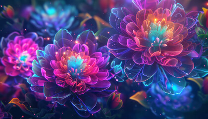 Digital flower or glowing neon for background or wallpaper, abstract or graphic with technology. Psychedelic floral, print or design with creative tools for futuristic Chrysanthemum, 3d or cyberpunk