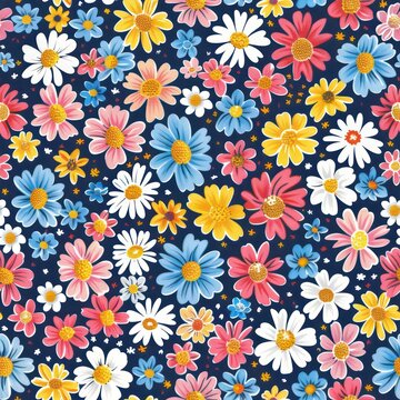 Seamless preppy multicolored flowers pattern background