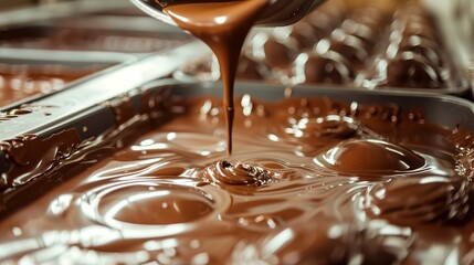 Chocolate pouring into molds, macro shot, glossy finish, sweet indulgence, production line 