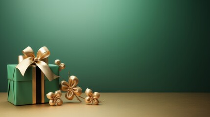 Green gift box and luck symbol ribbons. St Patrick day concept. Happy birthday theme.