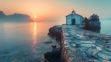 A serene Greek chapel by the sea at sunrise, offering tranquility and picturesque views, embodying the essence of Mediterranean charm and peaceful coastal living - obrazy, fototapety, plakaty