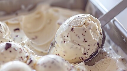 Obraz na płótnie Canvas Ice cream scoop in a tub, close frontal view, creamy texture, summer delight, dessert preparation 