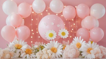 Kids birthday. Children's birthday decorations. Lots of pink balloons and decorations 