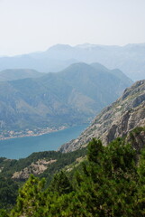 Stunning view from top of the mountain on on the valley with lake