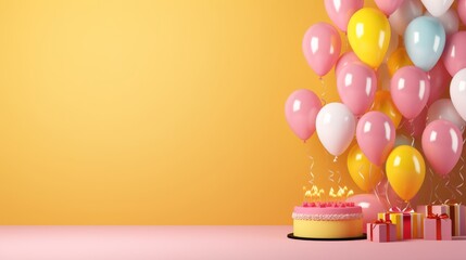 Birthday cake with balloons, candles and gifts. Happy birthday concept.