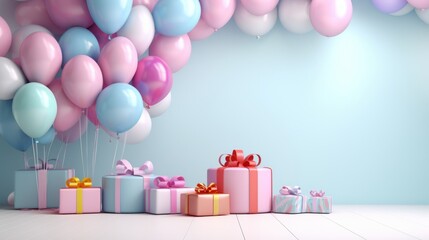 Happy birthday concept with colorful gift boxes and balloons