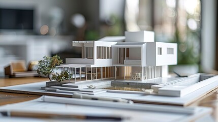 Model home on architect's desk, tight shot, project planning, miniature precision, property development 
