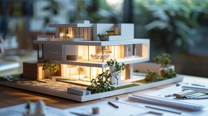 Fototapeta na wymiar Model home on architect's desk, tight shot, project planning, miniature precision, property development