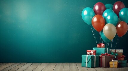 Gift boxes with balloons. Happy birthday concept with copy space.