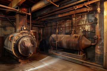 There is boiler system in basement of an old house with heating pipes for purpose providing heat AI Generative