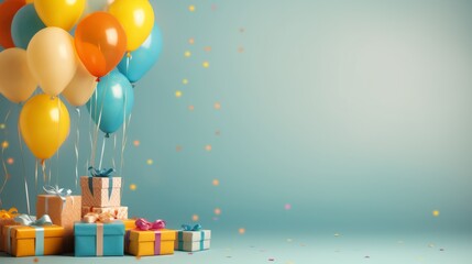 Happy birthday concept with colorful balloons, confetti and gift boxes. Celebration and party theme.