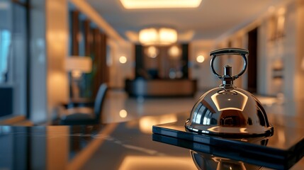 Hotel concierge bell on reception desk, close-up, service readiness, welcoming light --ar 16:9 Job ID: b88f8c9d-a578-4b88-8549-f0a2022dfb92