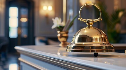 Hotel concierge bell on reception desk, close-up, service readiness, welcoming light  - obrazy, fototapety, plakaty