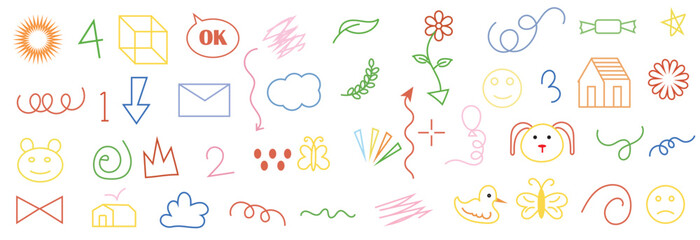 Cute kid scribble line flower, heart. rainbow , tree,  leaf, background. Hand drawn doodle sketch childish element set. Children draw style design elements background. Vector illustration EPS 10 - obrazy, fototapety, plakaty