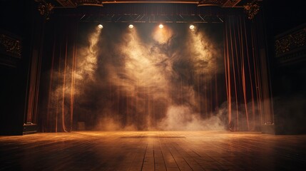 Stage lights against dark backdrop, detailed close-up, drama unfolding, theatrical ambiance 