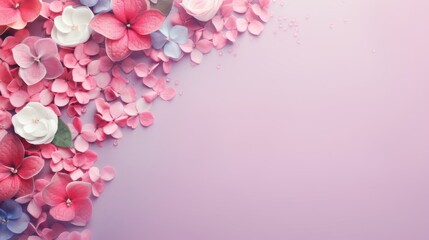 Pink and red roses petals frame on background. Love, romance and romantic theme. Mother's day. Wedding. International Woman's Day. Happy Birthday. Anniversary.