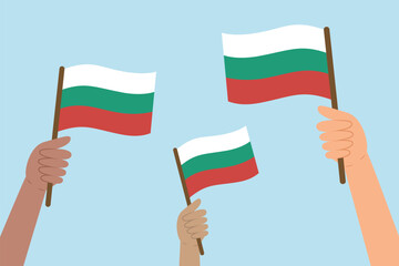 Diverse hands holding flags of Bulgaria. Vector illustration of Bulgarian flags in flat style on blue background.