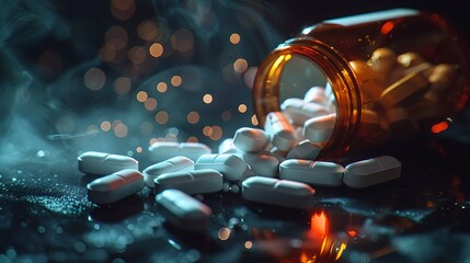 Fototapeta na wymiar Pill bottle spilling capsules, macro shot, healthcare promise, focused light, medicinal order