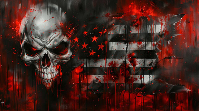 A dark skull with red glowing eyes is imposed on an American flag with a blood-like substance dripping down.