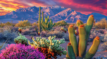 Saguaro cactus at sunset in the Sonoran Desert, Arizona