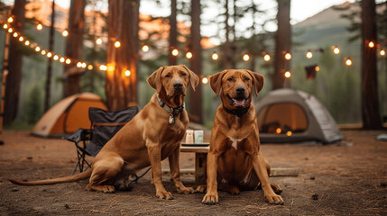 Two dogs sitting in front of a tent in the woods.