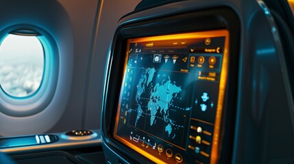 Passenger seat screen displaying flight map, close view, journey tracking, in-flight experience, travel tech