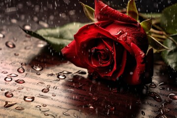 Red rose with water droplets on ground. Romantic, romance and love background. Sad theme. 