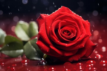 Romantic and love concept with red rose with water droplets