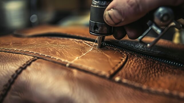 Hand stitching leather for a custom bag, close-up, bespoke quality, fashion craftsmanship 