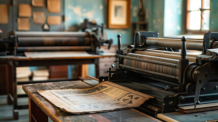 Fototapeta na wymiar old Newspaper sheets rolling over presses.