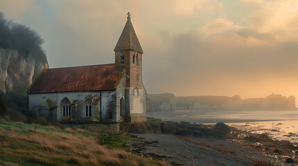 English church on coastal foggy morning, kissed by first sunrays