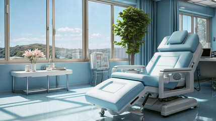 Fototapeta na wymiar Hospital Room With Blue Walls and Large Window. Ideal for Commercial illustration, Banner, Social Media
