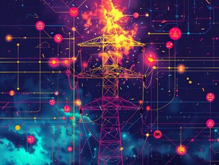 Design a technicolor poster featuring a high voltage pole surrounded by electrical hazard symbols, with bright colors and bold lines to draw attention to the importance of safety precautions 8K , high - obrazy, fototapety, plakaty