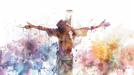 Jesus on the cross, reaching out with love and forgiveness to humanity in a digital watercolor painting on a white background. - obrazy, fototapety, plakaty