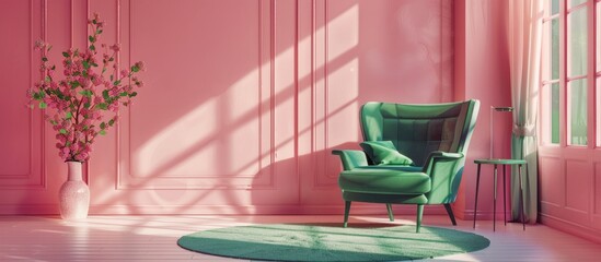 A room painted pink with a green armchair, rug, and side table.