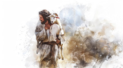 Jesus tenderly carries the lost sheep on his shoulders in a digital watercolor painting on a white background. - obrazy, fototapety, plakaty