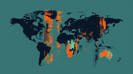 black, orange and blue colors world map background in grunge style.
