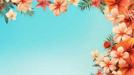 Summer concept frame background with flowers, palm leaves and blue sky. Copy space.