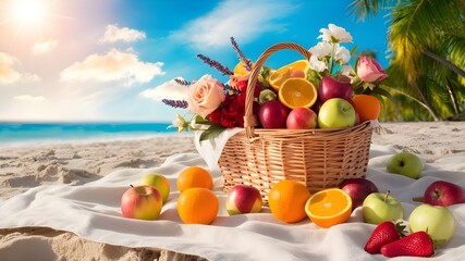 A picnic on a beach with a basket full of fruits and flowers