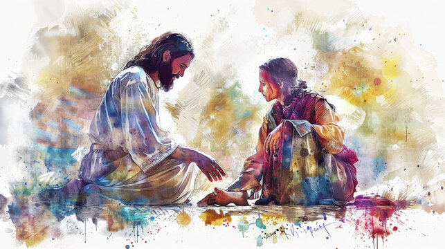 Jesus and the woman who anointed his feet depicted in a digital watercolor painting on a white background.