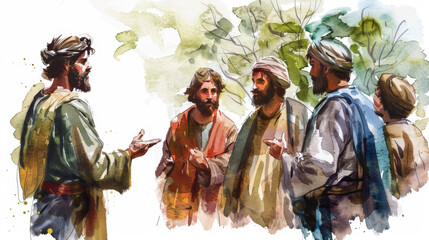 Jesus teaching his disciples the meaning of the parable of the sower through digital watercolor art on a white background.